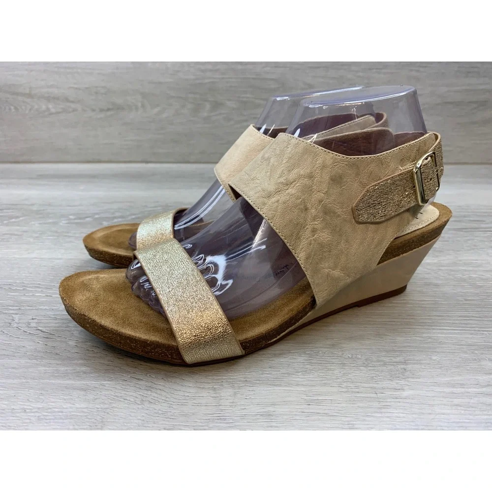 Sofft Mirabelle Gold Champagne Leather Wedge Sandals Women's 10 Comfort Shoes